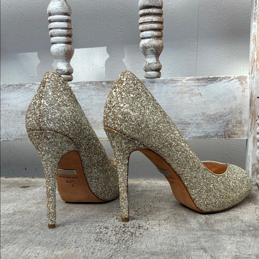 Badgley Mischka Glitter Gold Peep-Toe Heels Wedding Cocktail - Picture 2 of 6
